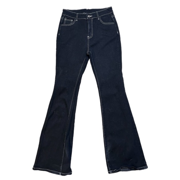 SHEIN Denim - Shein Black & White Trimmed Flared Jeans With Butterfly Design